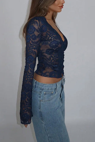 Lace-Detail Sheer Blouse with Long Sleeves