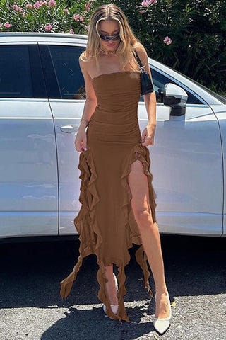 Strapless Midi Dress with Ruffle Accents