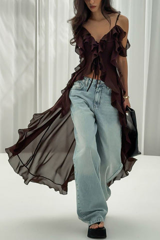 Ruffled Cold-Shoulder Midi Dress