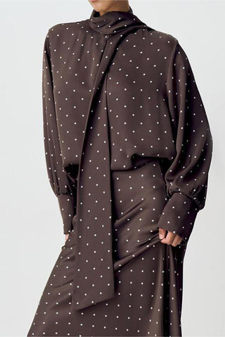 Polka Dot High-Neck Blouse with Tie