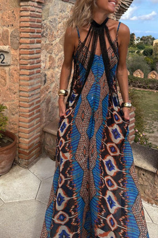 Halter Maxi Dress with Geometric Print