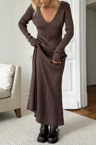 Ribbed V-Neck Long Sleeve Midi Dress