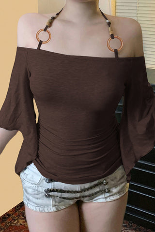 Off-Shoulder Ruched Blouse with Tie Straps