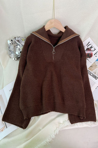 Zip-Front Sweater with Wide Collar