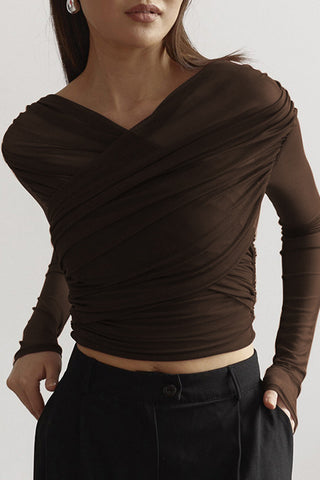 Ruched Mesh Long Sleeve Blouse
