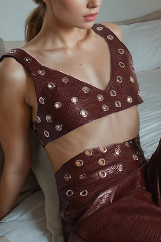 Eyelet Crop Top and Flared Pants Set