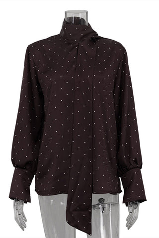 Polka Dot High-Neck Blouse with Tie