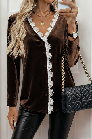 Lace-Trimmed Button-Front Blouse