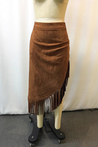 Fringe Detail Asymmetric Midi Skirt