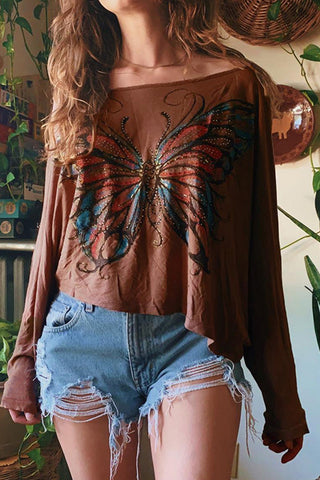 Butterfly Embellished Off-Shoulder Top