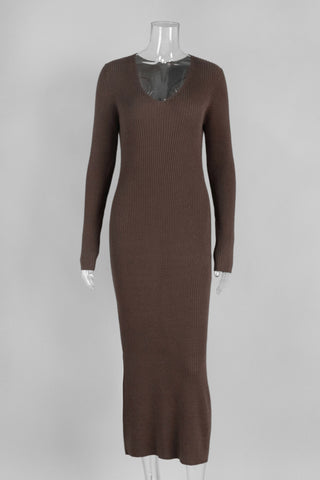 Ribbed V-Neck Long Sleeve Midi Dress