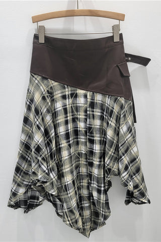 Asymmetrical Plaid Midi Skirt with Belt