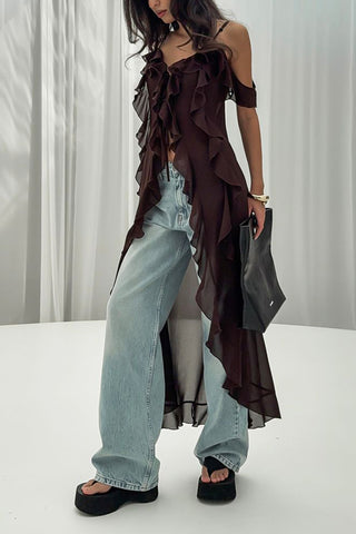 Ruffled Cold-Shoulder Midi Dress