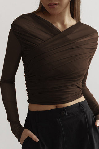 Ruched Mesh Long Sleeve Blouse