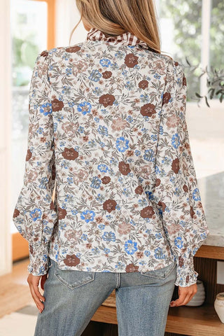 Plaid Frilled Trim V Neck Floral Blouse