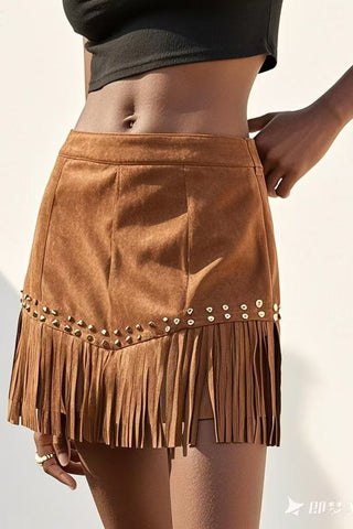 Fringe Detail Mini Skirt with Stud Accents