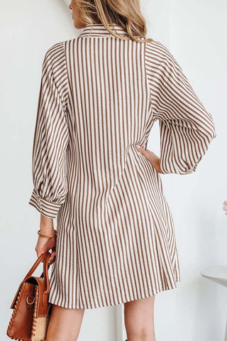 Stripe Knot Waist Puff Sleeve Mini Shirt Dress