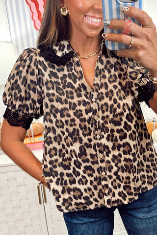 Leopard Button Down Lace Trim Shirt