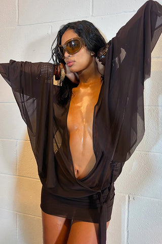 Deep V-Neck Sheer Sleeve Mini Dress