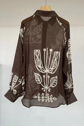 Floral Print Sheer Button-Up Blouse