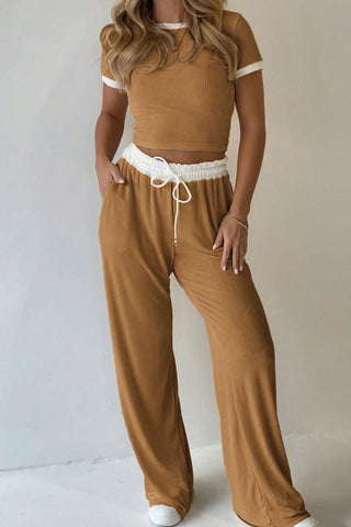 Ribbed Contrast Trim Pants Set