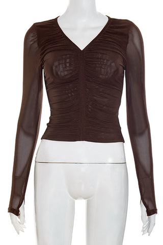 Ruched V-Neck Long Sleeve Blouse