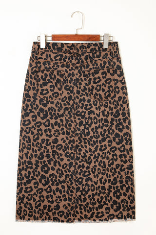 Leopard Frayed Slit Denim Midi Skirt
