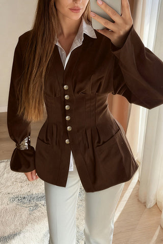 Buttoned Long-Sleeve Blouse with Fitted Waist