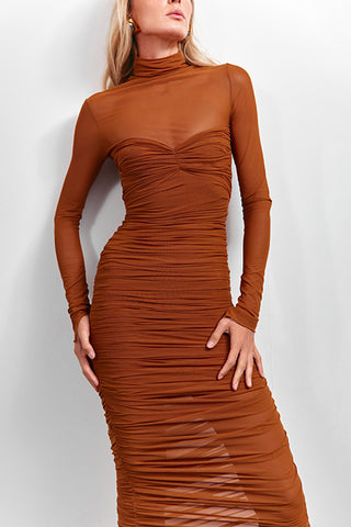 Ruched Mesh Turtleneck Midi Dress