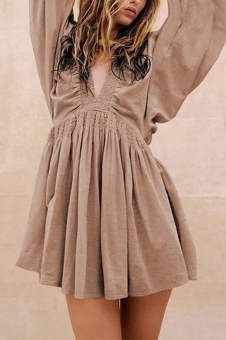 V Neck Smocked Mini Dress with Bubble Sleeves