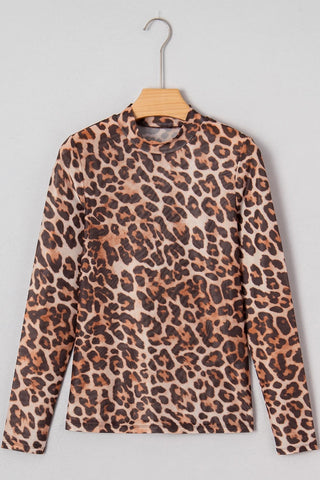 Leopard Print Mock Neck Mesh Top