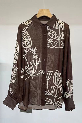 Floral Print Sheer Button-Up Blouse