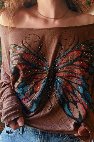 Butterfly Embellished Off-Shoulder Top