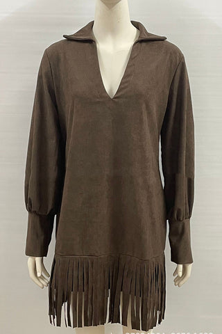 Fringe Hem Casual Dress with V-Neck