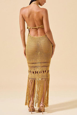Halter Crochet Fringe Cover-Up Dress