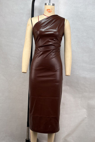 Asymmetric Faux Leather Midi Dress