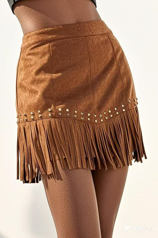Fringe Detail Mini Skirt with Stud Accents
