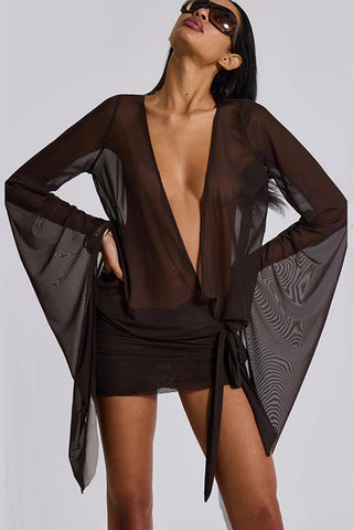 Deep V-Neck Sheer Sleeve Mini Dress