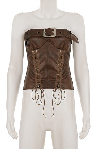 Lace-Up Belted Strapless Top