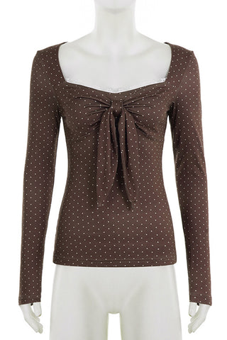 Bow-Front Long Sleeve Polka Dot Top