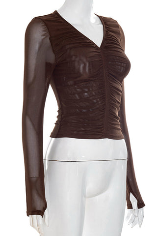 Ruched V-Neck Long Sleeve Blouse