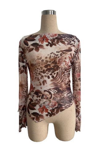 Asymmetrical Hem Floral Animal Print Blouse