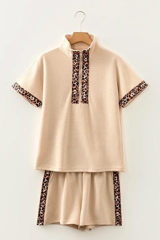 Leopard Trim Zipped Short Sleeve Casual Set
