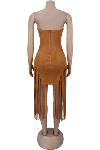 Belted Fringe Strapless Casual Dress