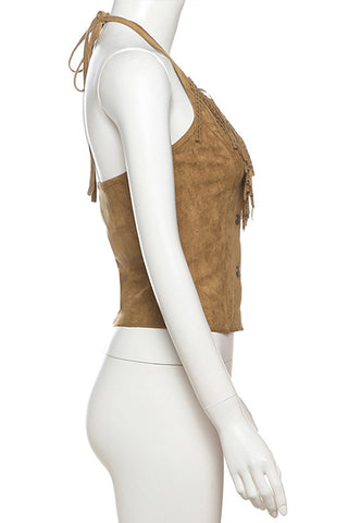 Fringe Halter Buttoned Tank Top