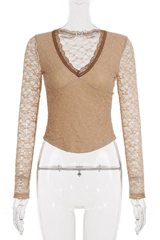 V-Neck Lace Long Sleeve Tee
