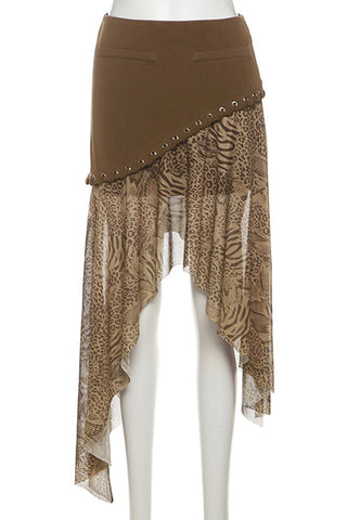 Asymmetric Hem Patchwork Leopard Skirt