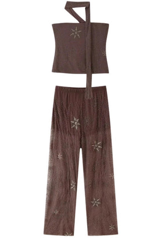 Embellished Strapless Top & Wide-Leg Pants Set