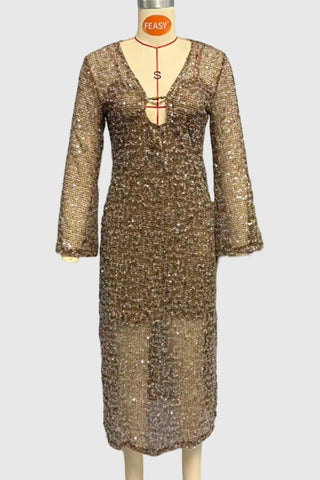 V-Neck Sequin Long Sleeve Dress