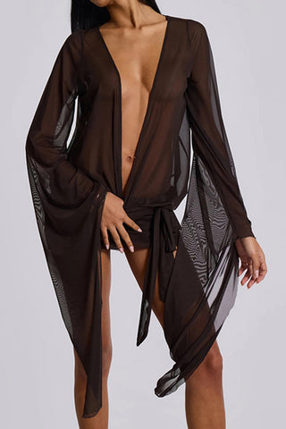 Deep V-Neck Sheer Sleeve Mini Dress
